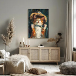 Endearing Straw Hat Cat Artistic Poster PosterGoat