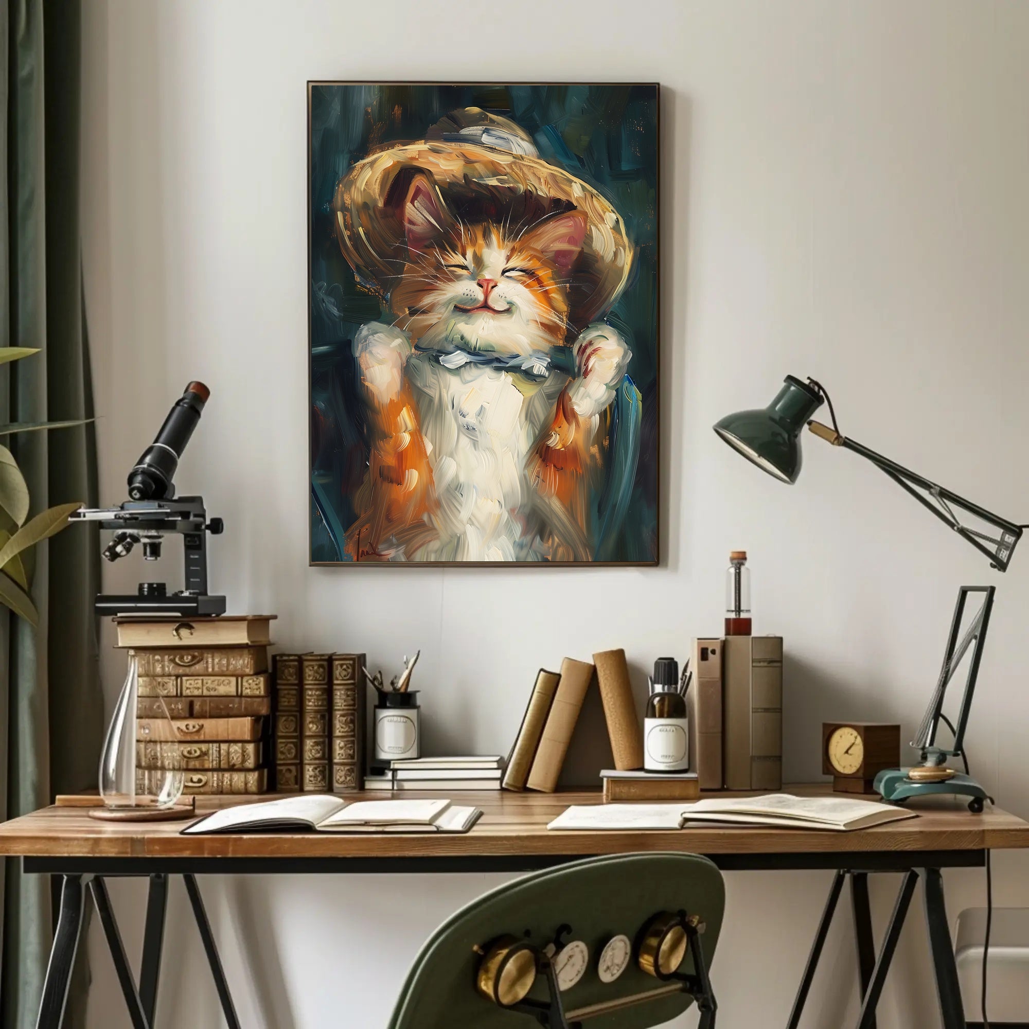 Endearing Straw Hat Cat Artistic Poster PosterGoat