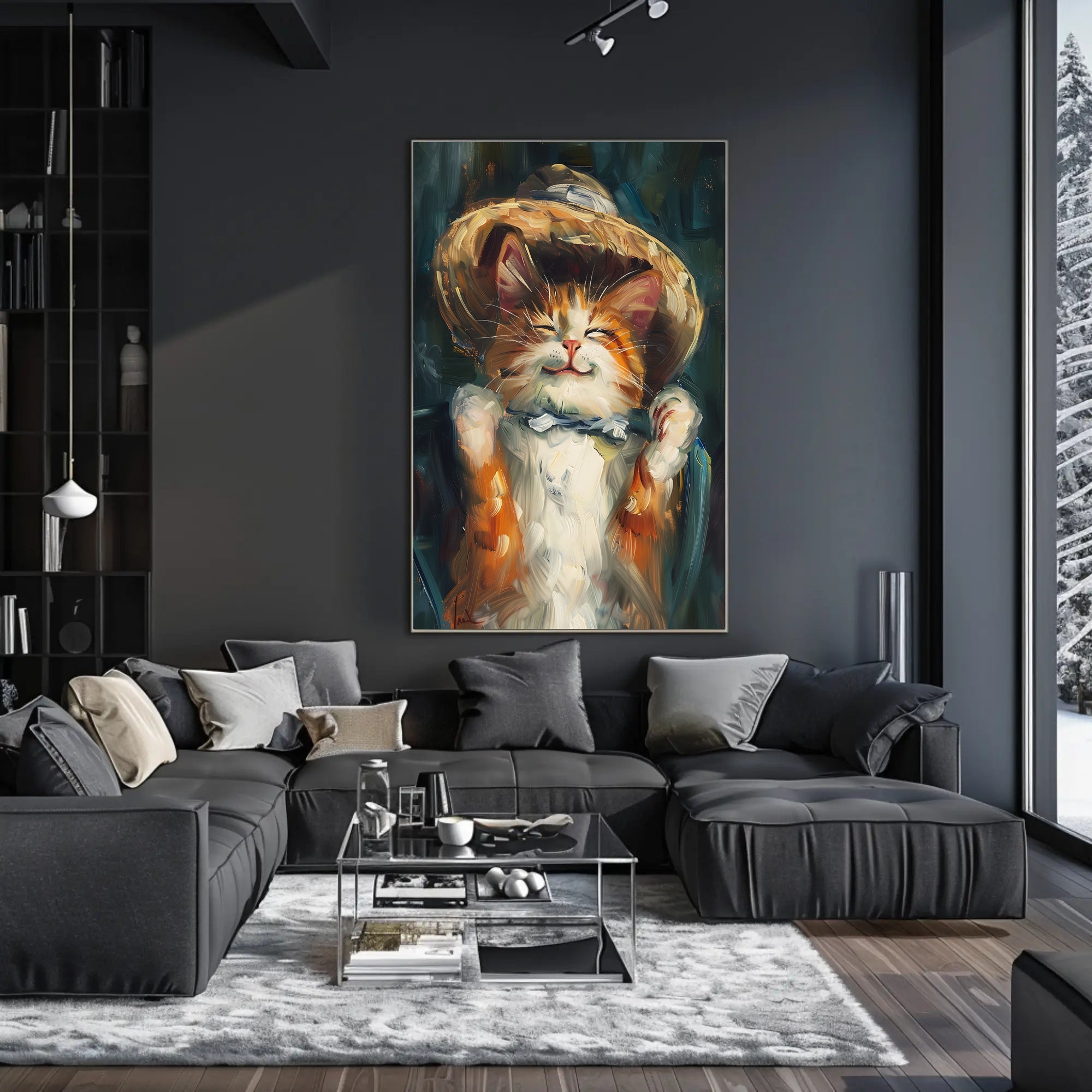 Endearing Straw Hat Cat Artistic Poster PosterGoat