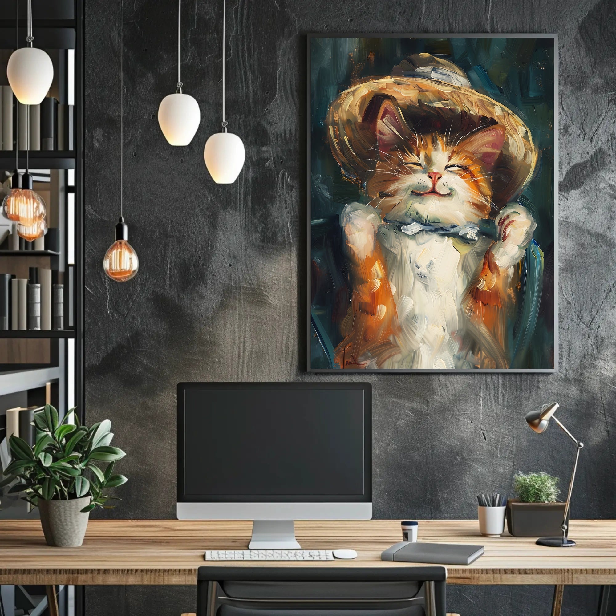 Endearing Straw Hat Cat Artistic Poster PosterGoat