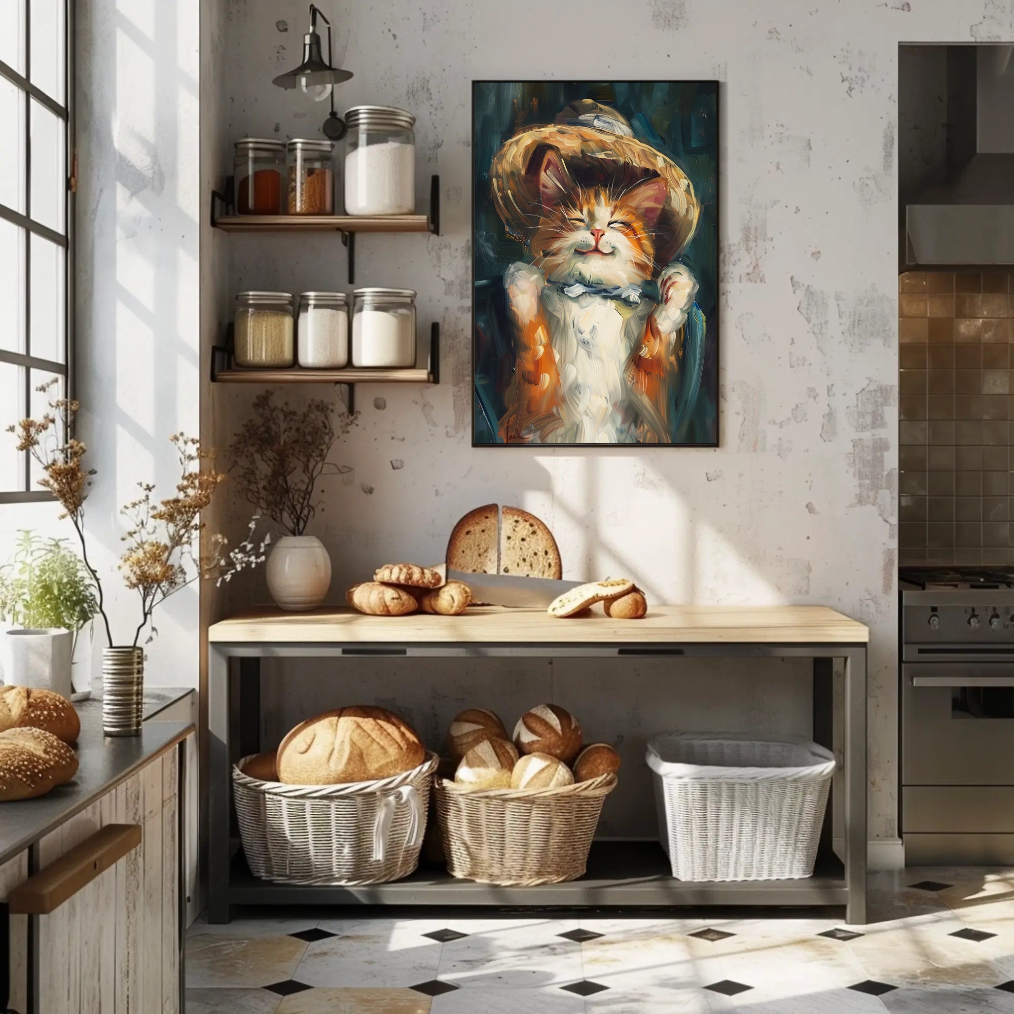 Endearing Straw Hat Cat Artistic Poster PosterGoat