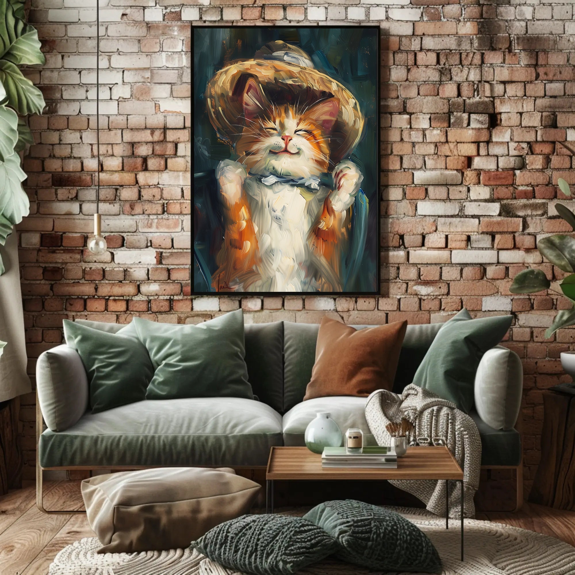 Endearing Straw Hat Cat Artistic Poster PosterGoat