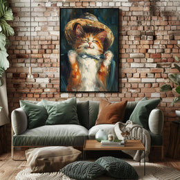Endearing Straw Hat Cat Artistic Poster PosterGoat