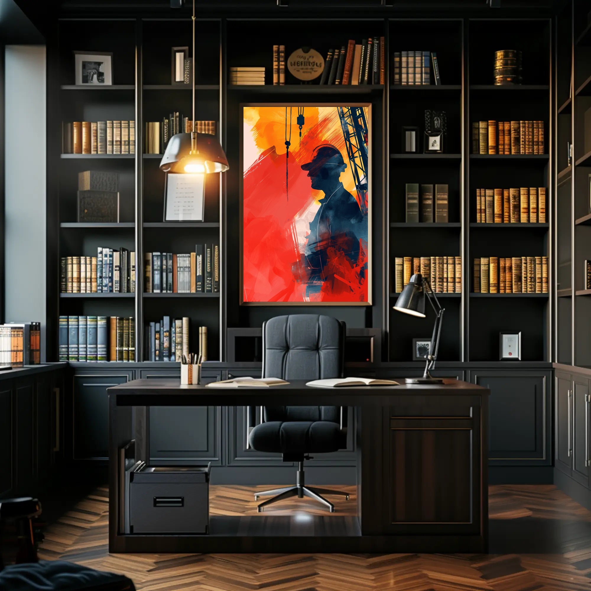 Energetic Industrial Silhouette Abstract Art Poster PosterGoat