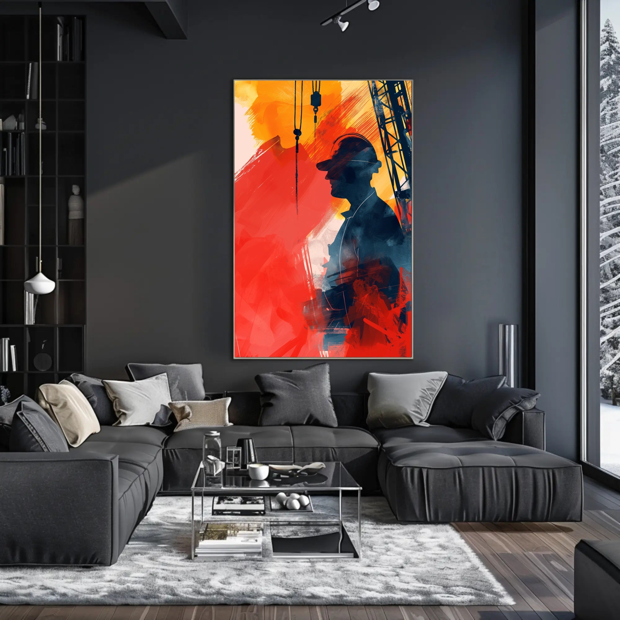 Energetic Industrial Silhouette Abstract Art Poster PosterGoat