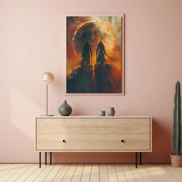 Epic Battle Silhouette in Fiery Fantasy Scene Artistic Poster PosterGoat