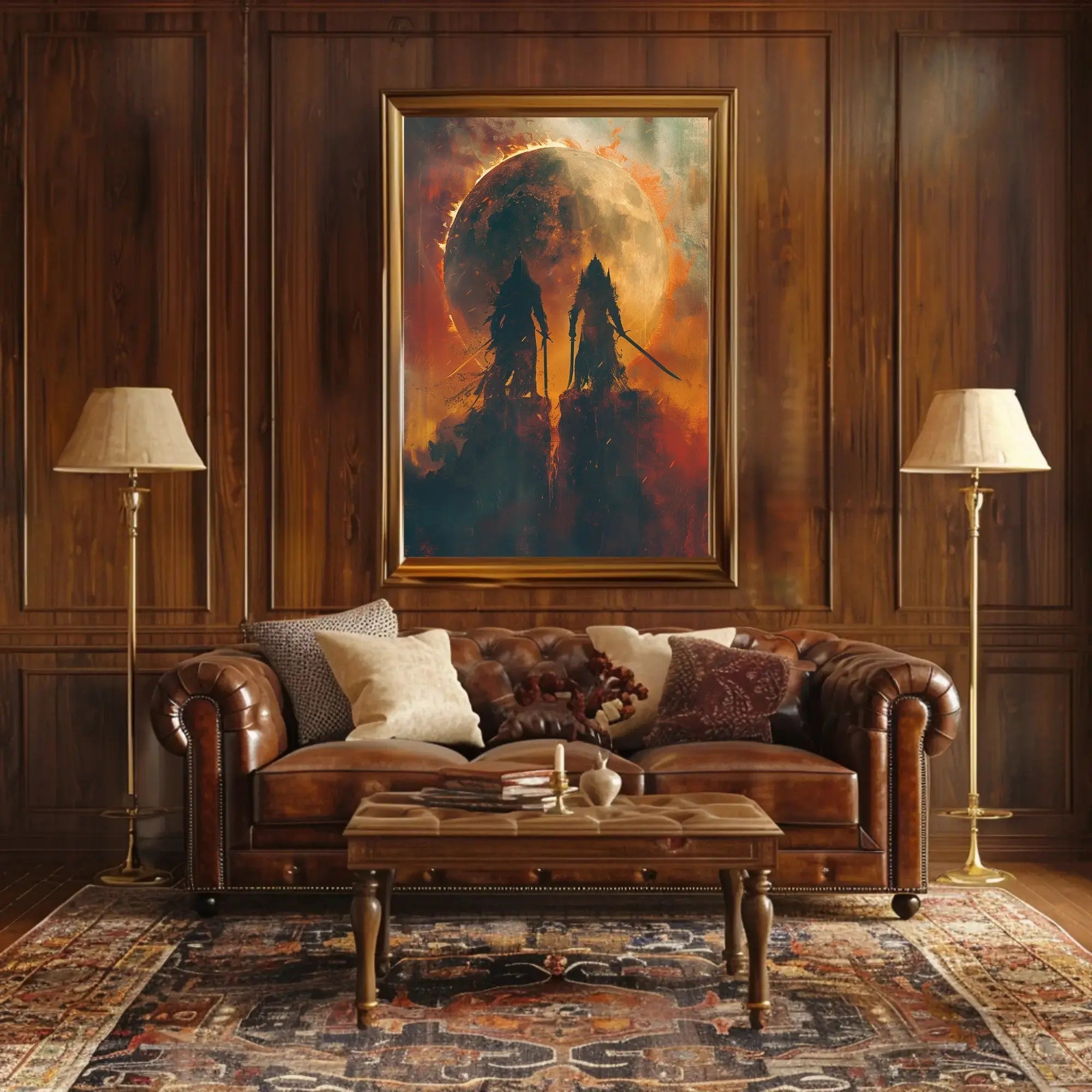 Epic Battle Silhouette in Fiery Fantasy Scene Artistic Poster PosterGoat