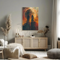 Epic Battle Silhouette in Fiery Fantasy Scene Artistic Poster PosterGoat