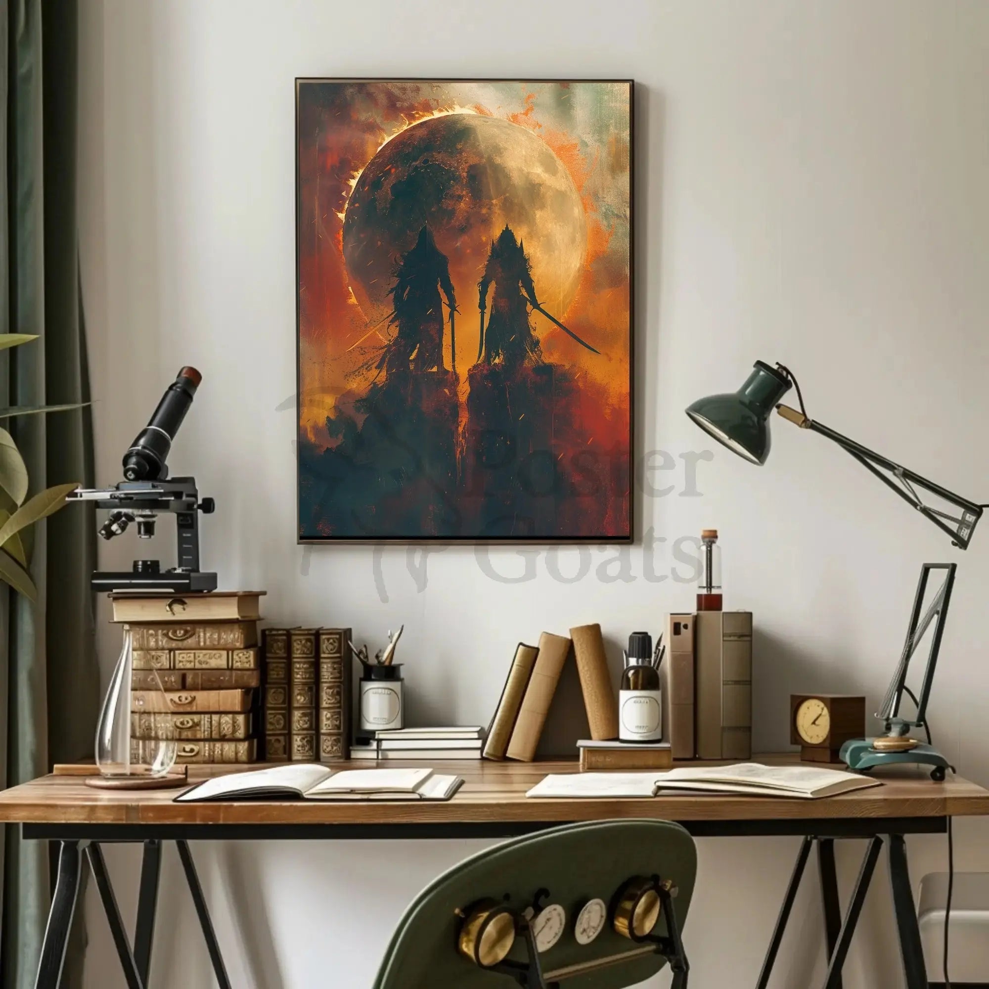 Epic Battle Silhouette in Fiery Fantasy Scene Artistic Poster PosterGoat