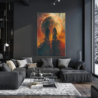 Epic Battle Silhouette in Fiery Fantasy Scene Artistic Poster PosterGoat