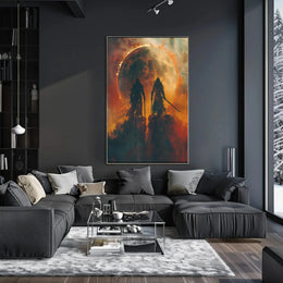 Epic Battle Silhouette in Fiery Fantasy Scene Artistic Poster PosterGoat
