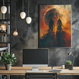 Epic Battle Silhouette in Fiery Fantasy Scene Artistic Poster PosterGoat