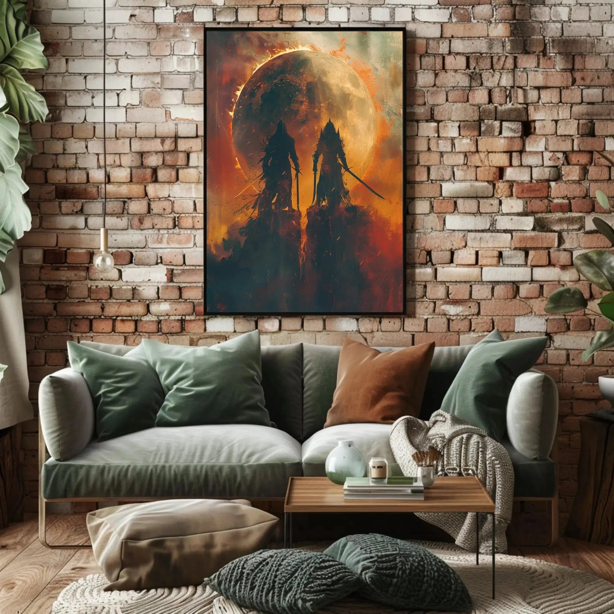 Epic Battle Silhouette in Fiery Fantasy Scene Artistic Poster PosterGoat