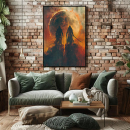 Epic Battle Silhouette in Fiery Fantasy Scene Artistic Poster PosterGoat