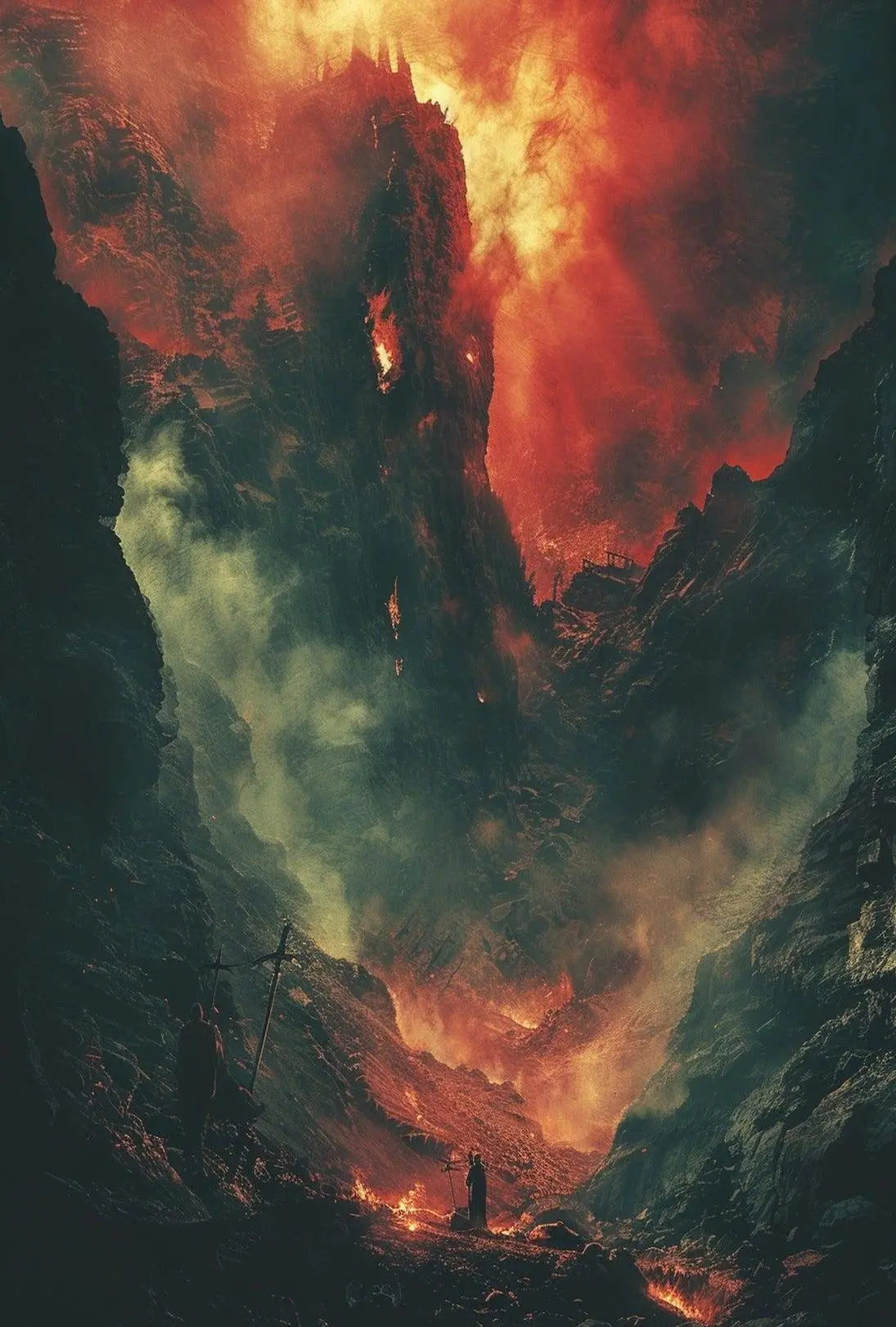Epic Battlescape: Dramatic Fiery Landscape Futuristic Sci-Fi Poster PosterGoat
