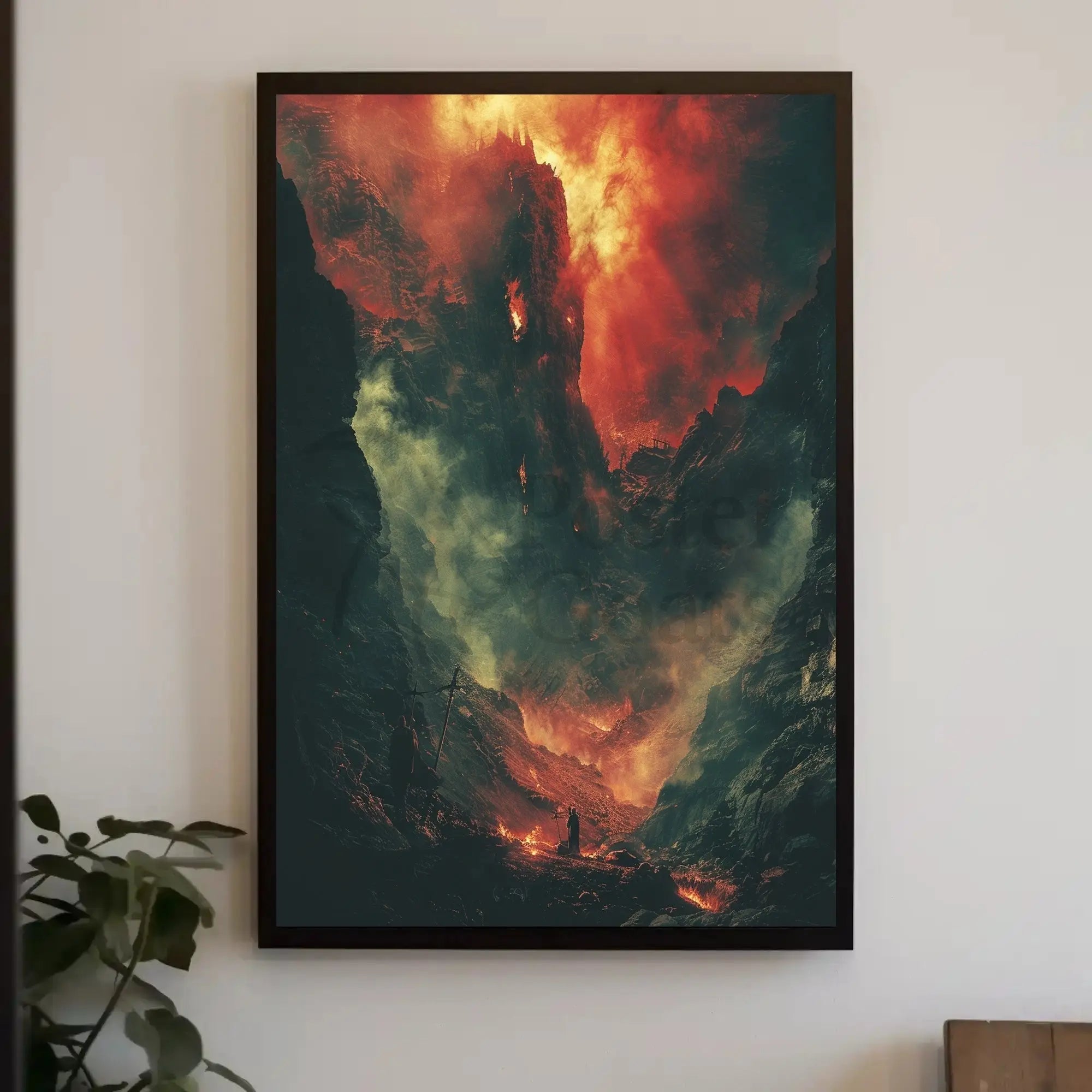 Epic Battlescape: Dramatic Fiery Landscape Futuristic Sci-Fi Poster PosterGoat