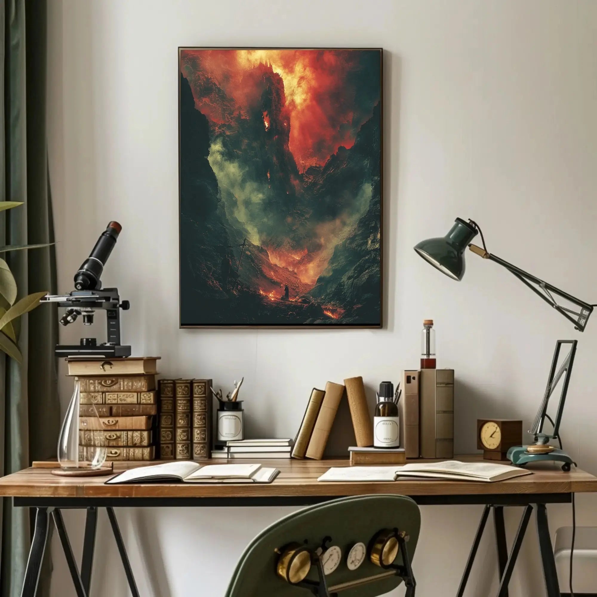 Epic Battlescape: Dramatic Fiery Landscape Futuristic Sci-Fi Poster PosterGoat