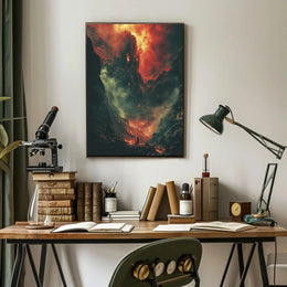 Epic Battlescape: Dramatic Fiery Landscape Futuristic Sci-Fi Poster PosterGoat
