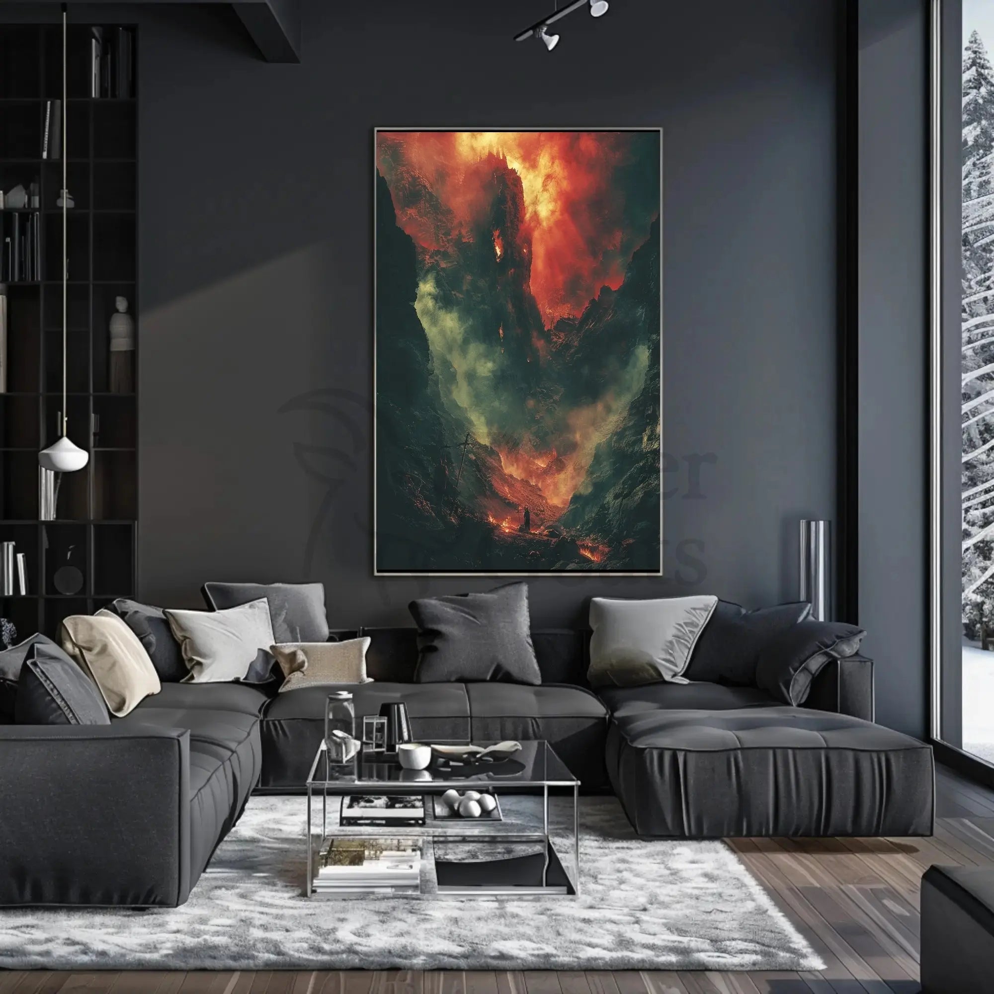 Epic Battlescape: Dramatic Fiery Landscape Futuristic Sci-Fi Poster PosterGoat