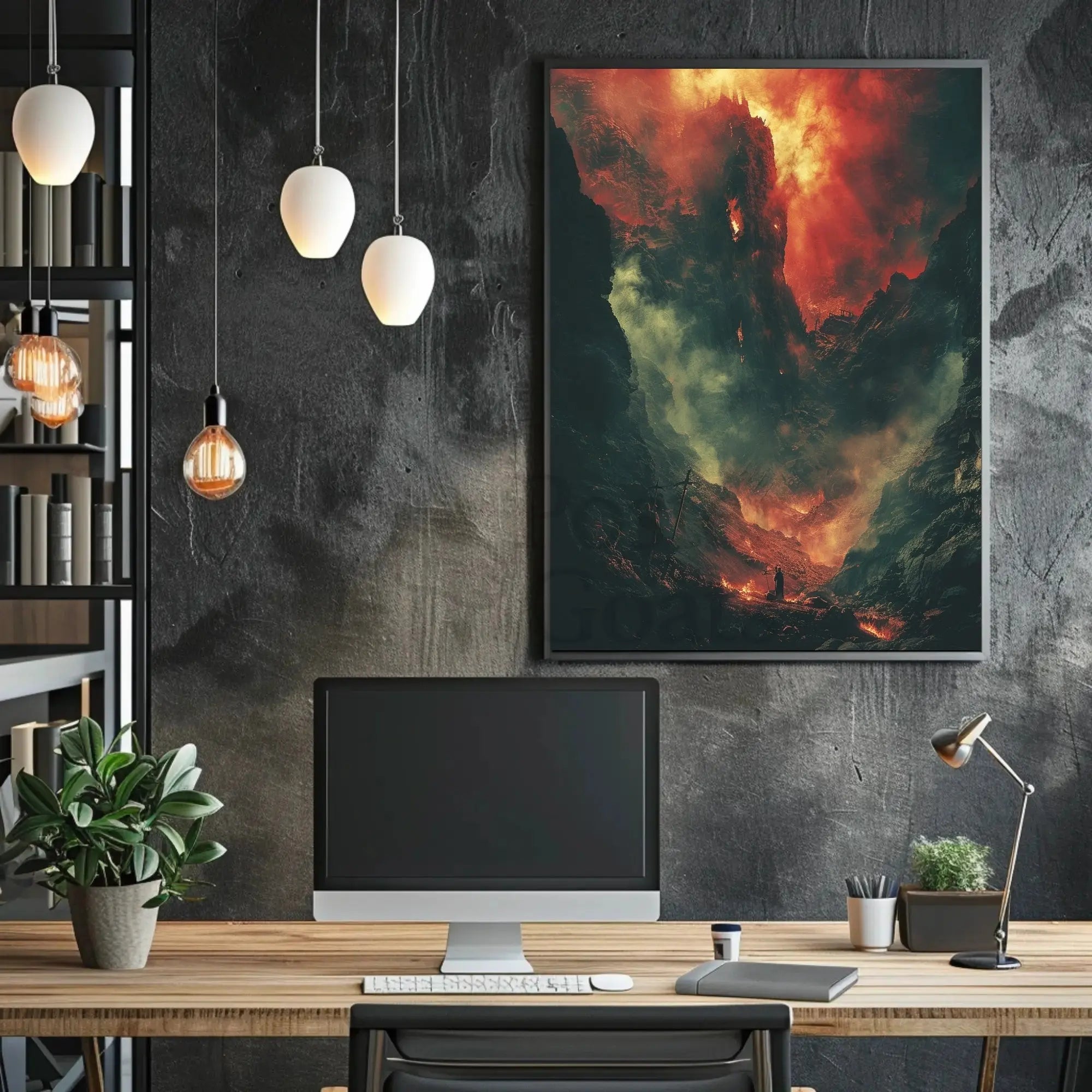 Epic Battlescape: Dramatic Fiery Landscape Futuristic Sci-Fi Poster PosterGoat