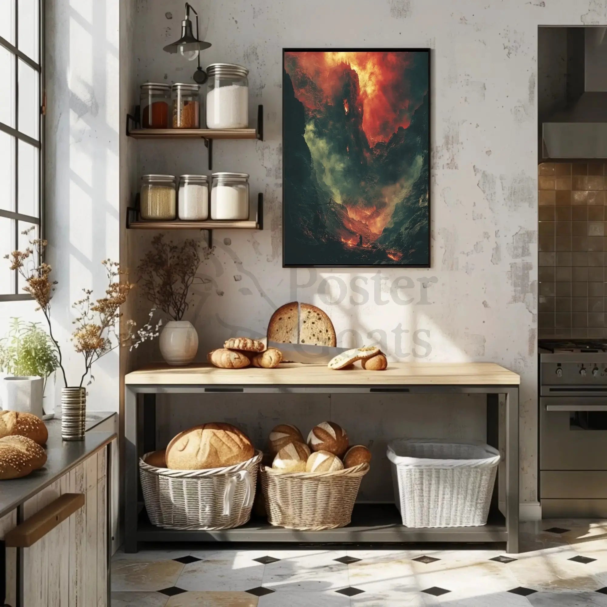 Epic Battlescape: Dramatic Fiery Landscape Futuristic Sci-Fi Poster PosterGoat