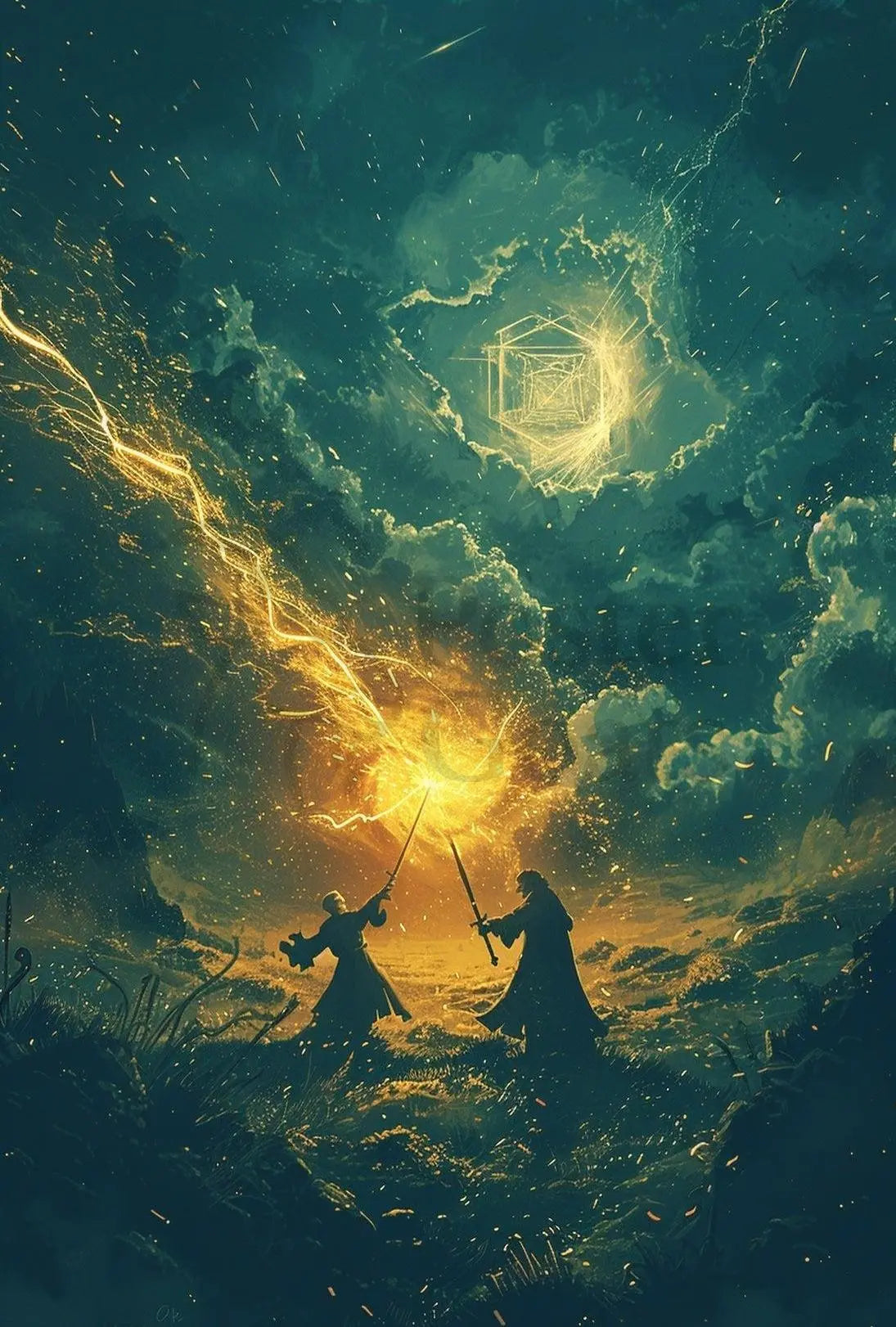 Epic Fantasy Duel in Mystical Landscape Futuristic Sci-Fi Poster PosterGoat