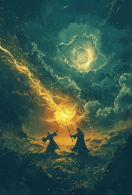 Epic Fantasy Duel in Mystical Landscape Futuristic Sci-Fi Poster PosterGoat
