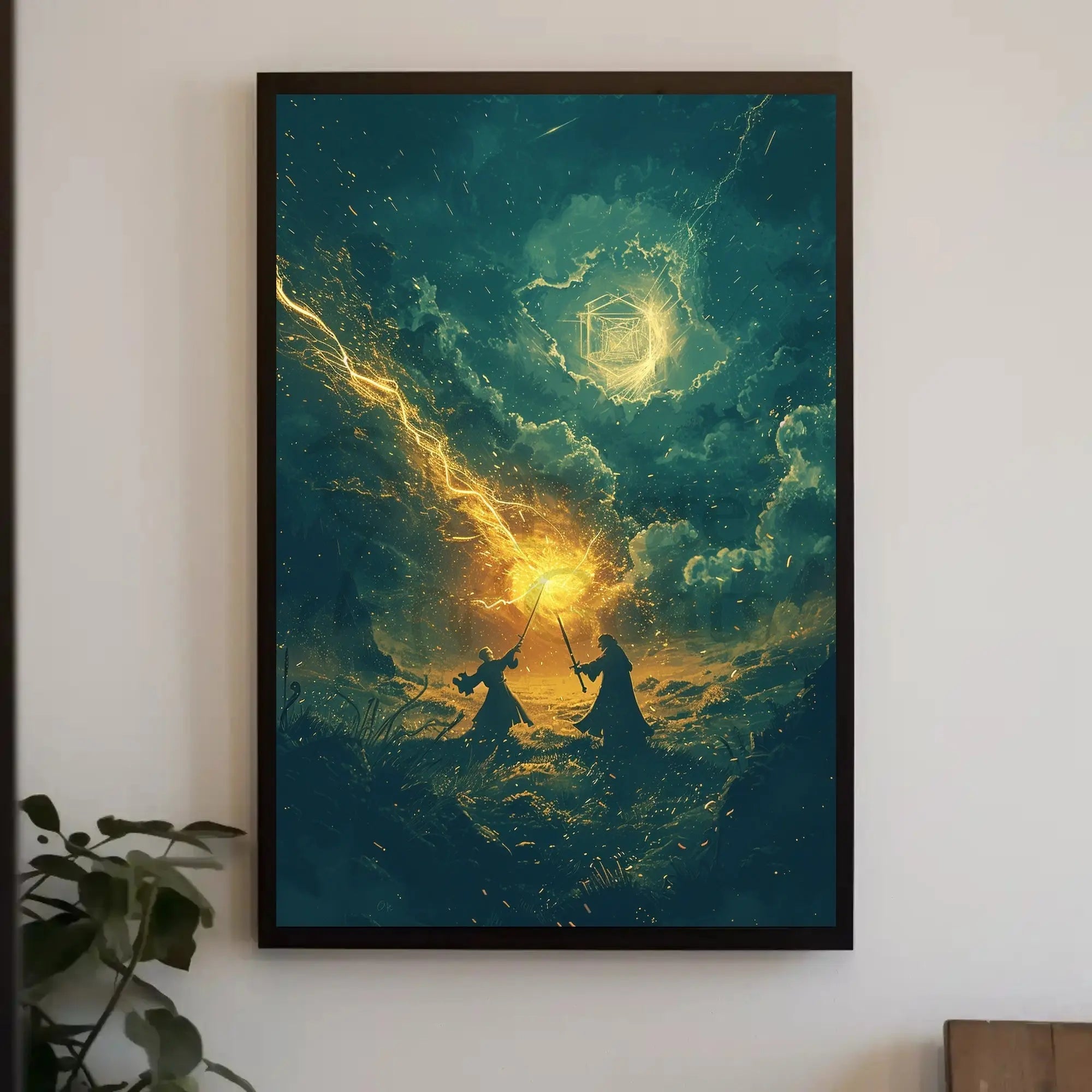 Epic Fantasy Duel in Mystical Landscape Futuristic Sci-Fi Poster PosterGoat