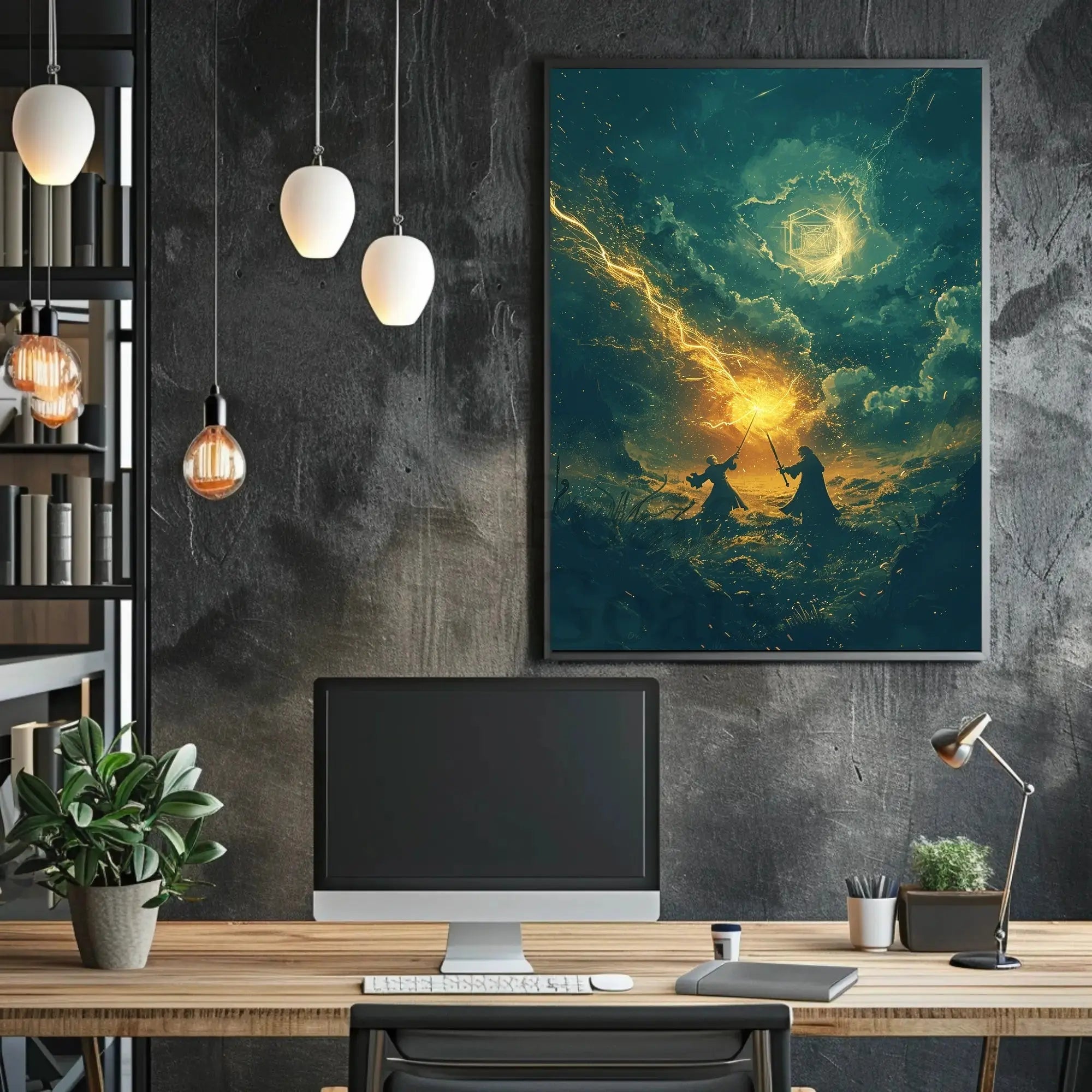 Epic Fantasy Duel in Mystical Landscape Futuristic Sci-Fi Poster PosterGoat