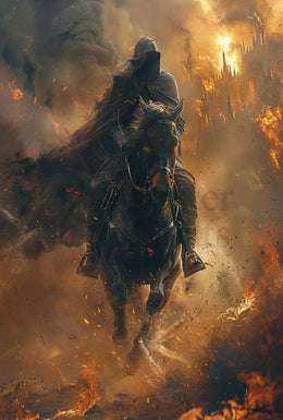 Epic Fantasy Rider Scene in Fiery Chaos Poster PosterGoat