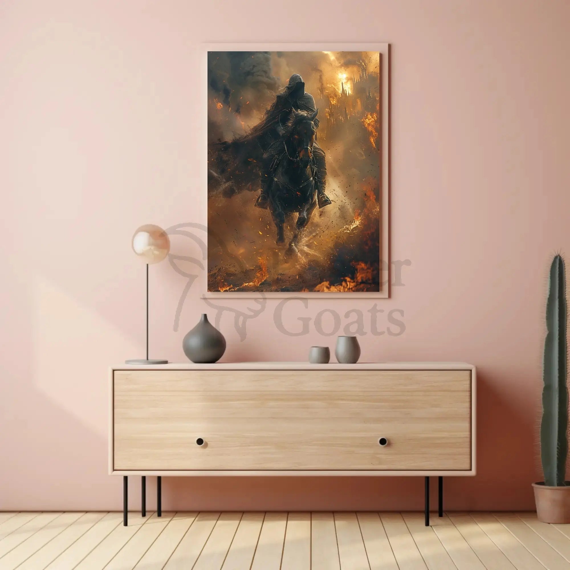 Epic Fantasy Rider Scene in Fiery Chaos Poster PosterGoat