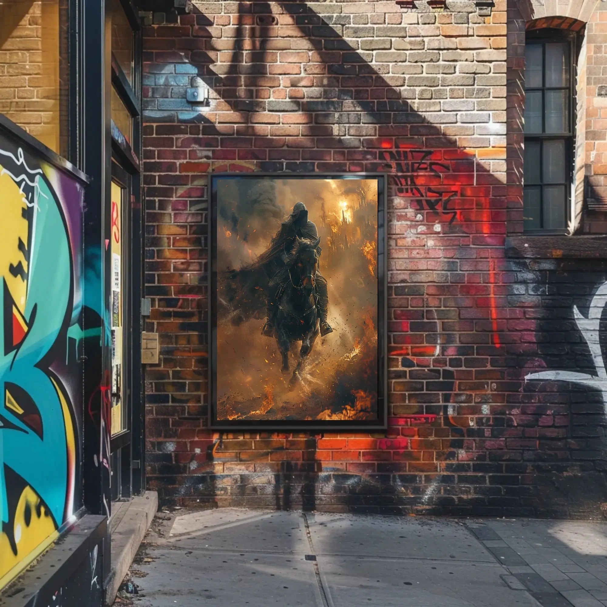 Epic Fantasy Rider Scene in Fiery Chaos Poster PosterGoat