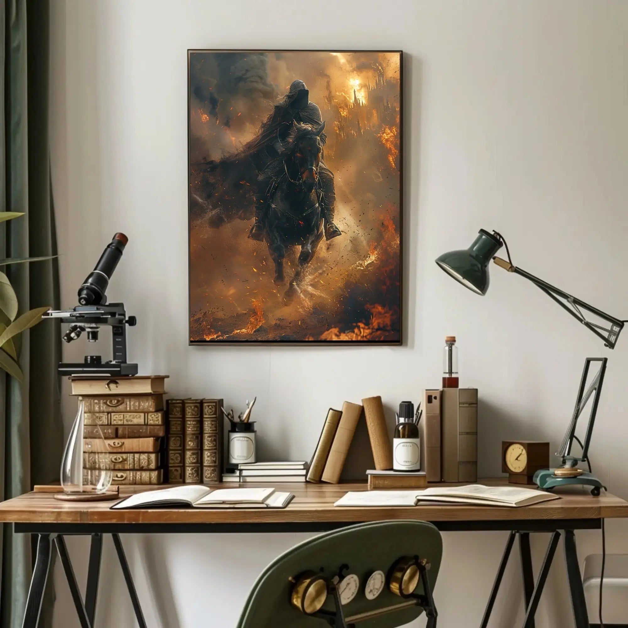 Epic Fantasy Rider Scene in Fiery Chaos Poster PosterGoat