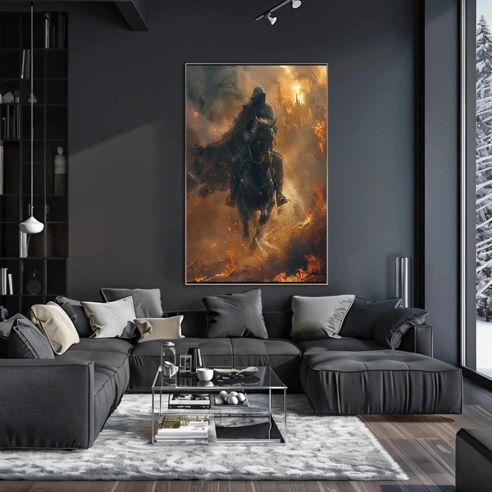 Epic Fantasy Rider Scene in Fiery Chaos Poster PosterGoat