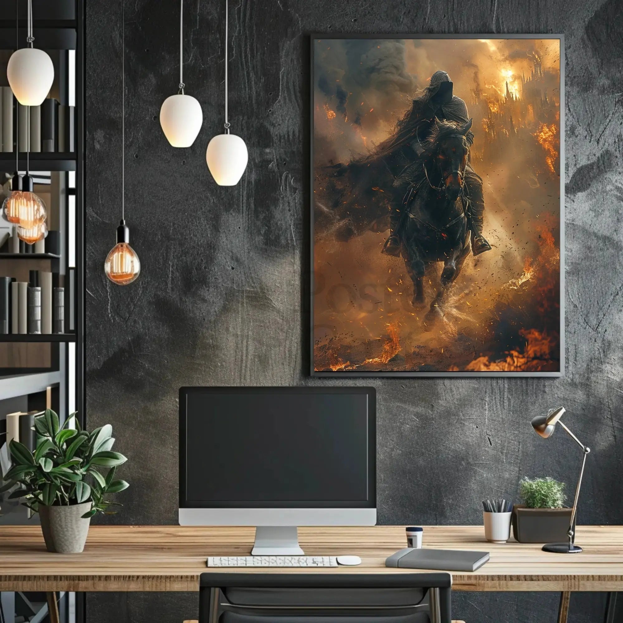 Epic Fantasy Rider Scene in Fiery Chaos Poster PosterGoat