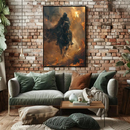 Epic Fantasy Rider Scene in Fiery Chaos Poster PosterGoat