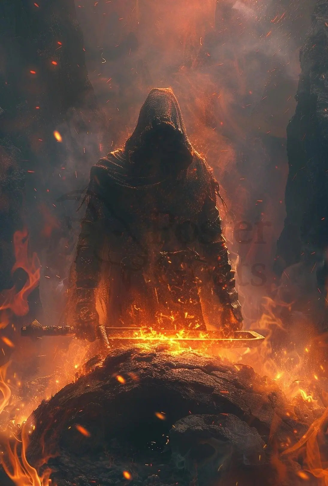 Epic Hero Silhouette in Fiery Setting - Dark Fantasy Poster PosterGoat