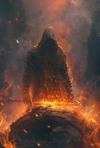Epic Hero Silhouette in Fiery Setting - Dark Fantasy Poster PosterGoat