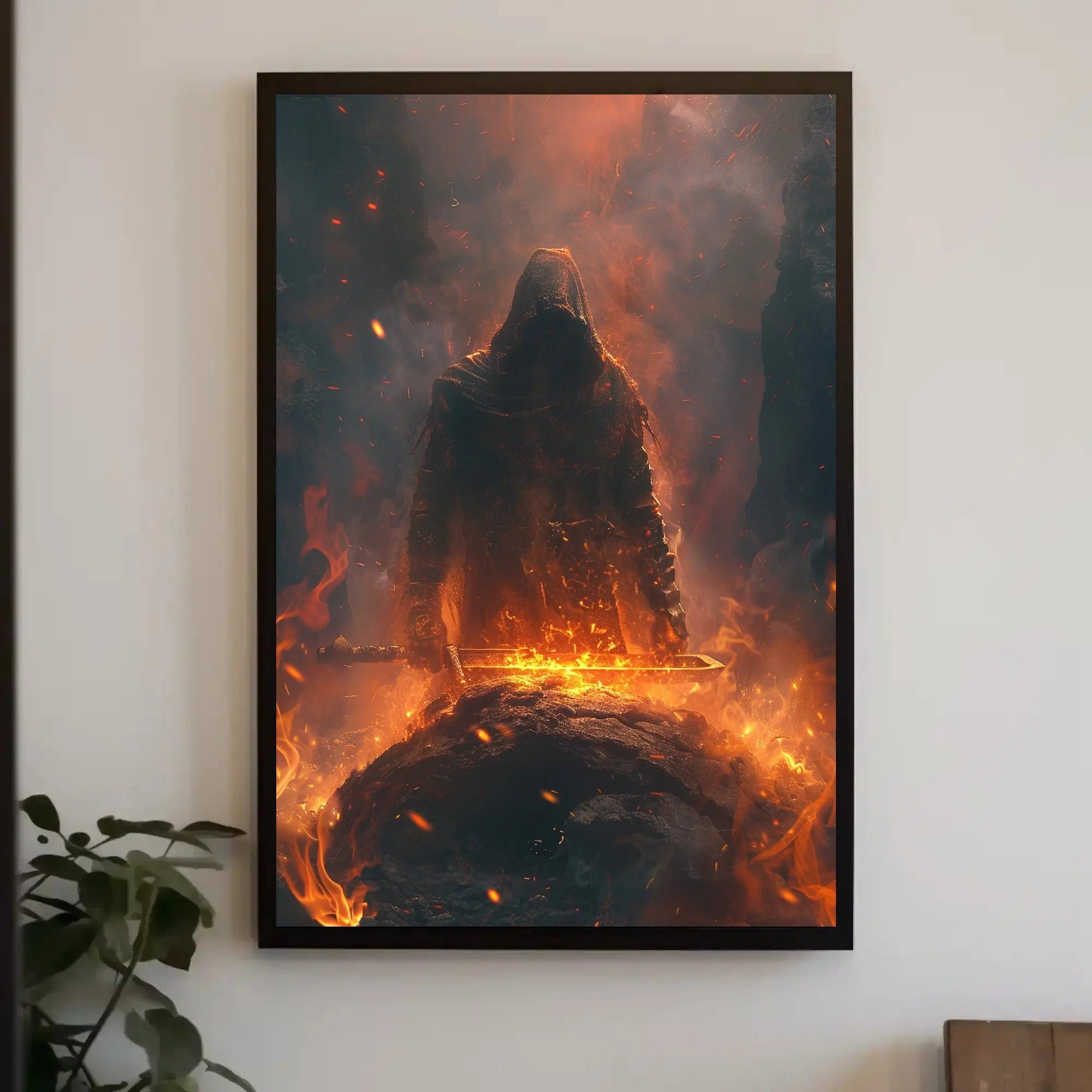 Epic Hero Silhouette in Fiery Setting - Dark Fantasy Poster PosterGoat