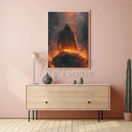 Epic Hero Silhouette in Fiery Setting - Dark Fantasy Poster PosterGoat