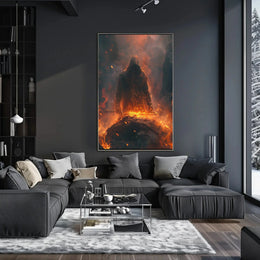 Epic Hero Silhouette in Fiery Setting - Dark Fantasy Poster PosterGoat