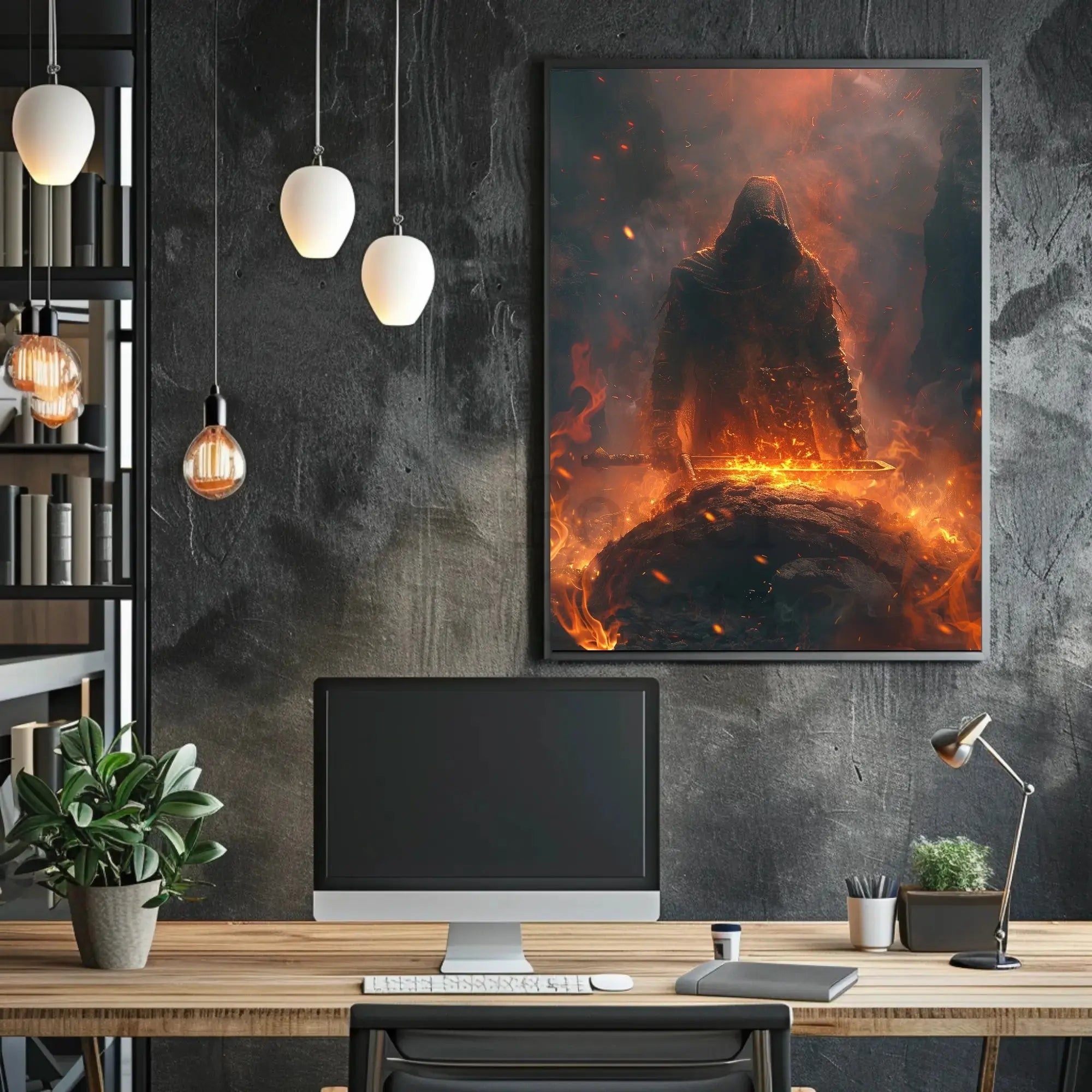 Epic Hero Silhouette in Fiery Setting - Dark Fantasy Poster PosterGoat