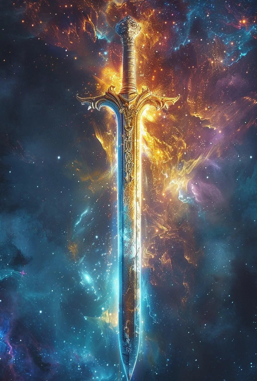 Epic Sword in Cosmic Adventure Fantasy Art Poster PosterGoat