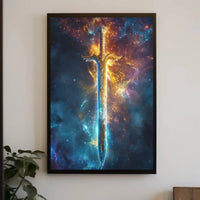 Epic Sword in Cosmic Adventure Fantasy Art Poster PosterGoat