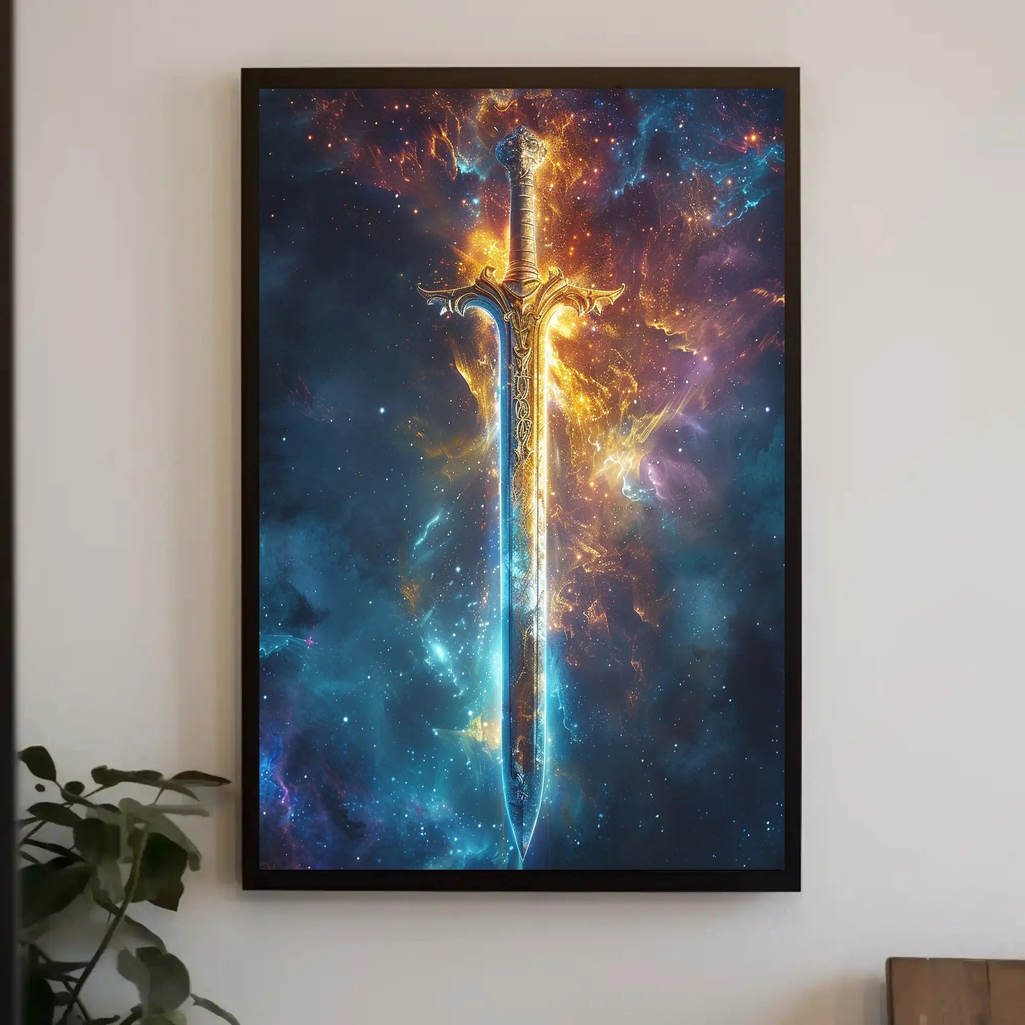 Epic Sword in Cosmic Adventure Fantasy Art Poster PosterGoat