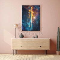 Epic Sword in Cosmic Adventure Fantasy Art Poster PosterGoat