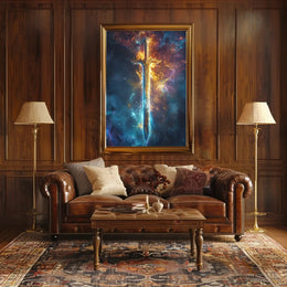 Epic Sword in Cosmic Adventure Fantasy Art Poster PosterGoat