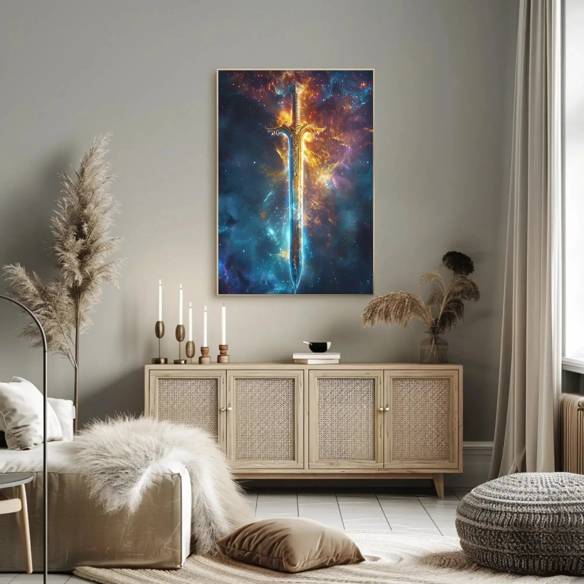 Epic Sword in Cosmic Adventure Fantasy Art Poster PosterGoat