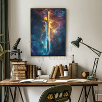 Epic Sword in Cosmic Adventure Fantasy Art Poster PosterGoat