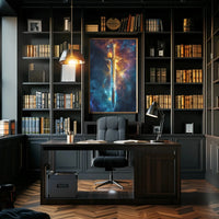 Epic Sword in Cosmic Adventure Fantasy Art Poster PosterGoat